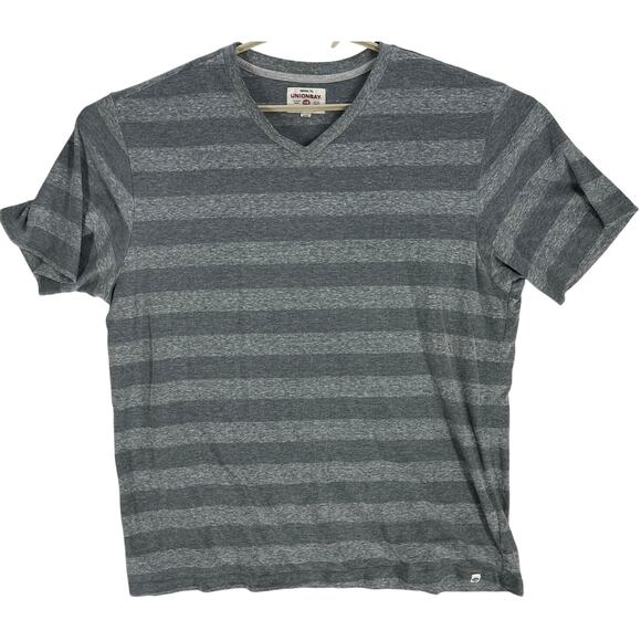 UNIONBAY Tee Shirt Mens XL Gray Striped Short Sleeve V-Neck Y2K Retro Cotton - Picture 1 of 5